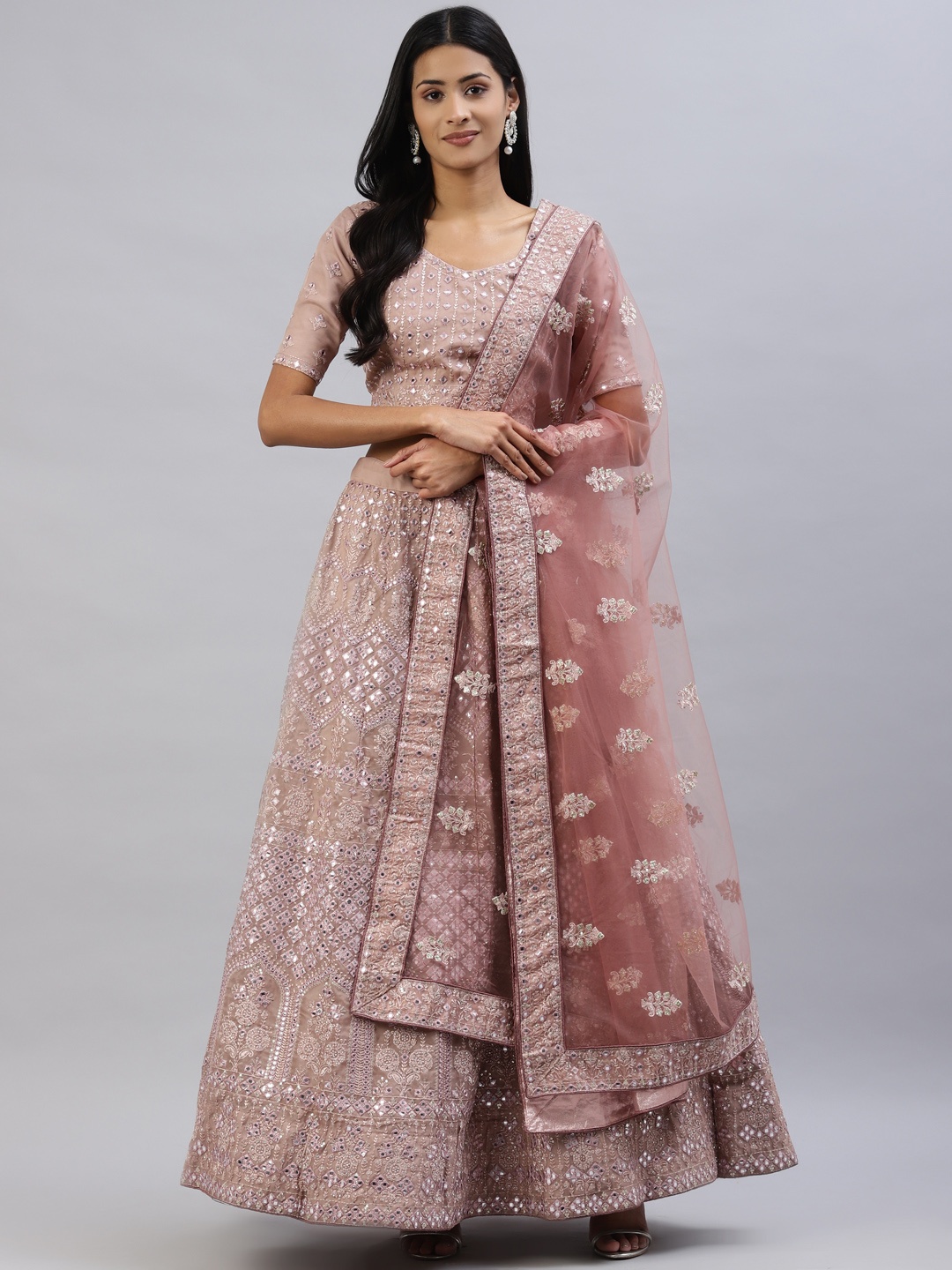 

Readiprint Fashions Women Brown Embroidered Mirror Work Lehenga & Choli With Dupatta