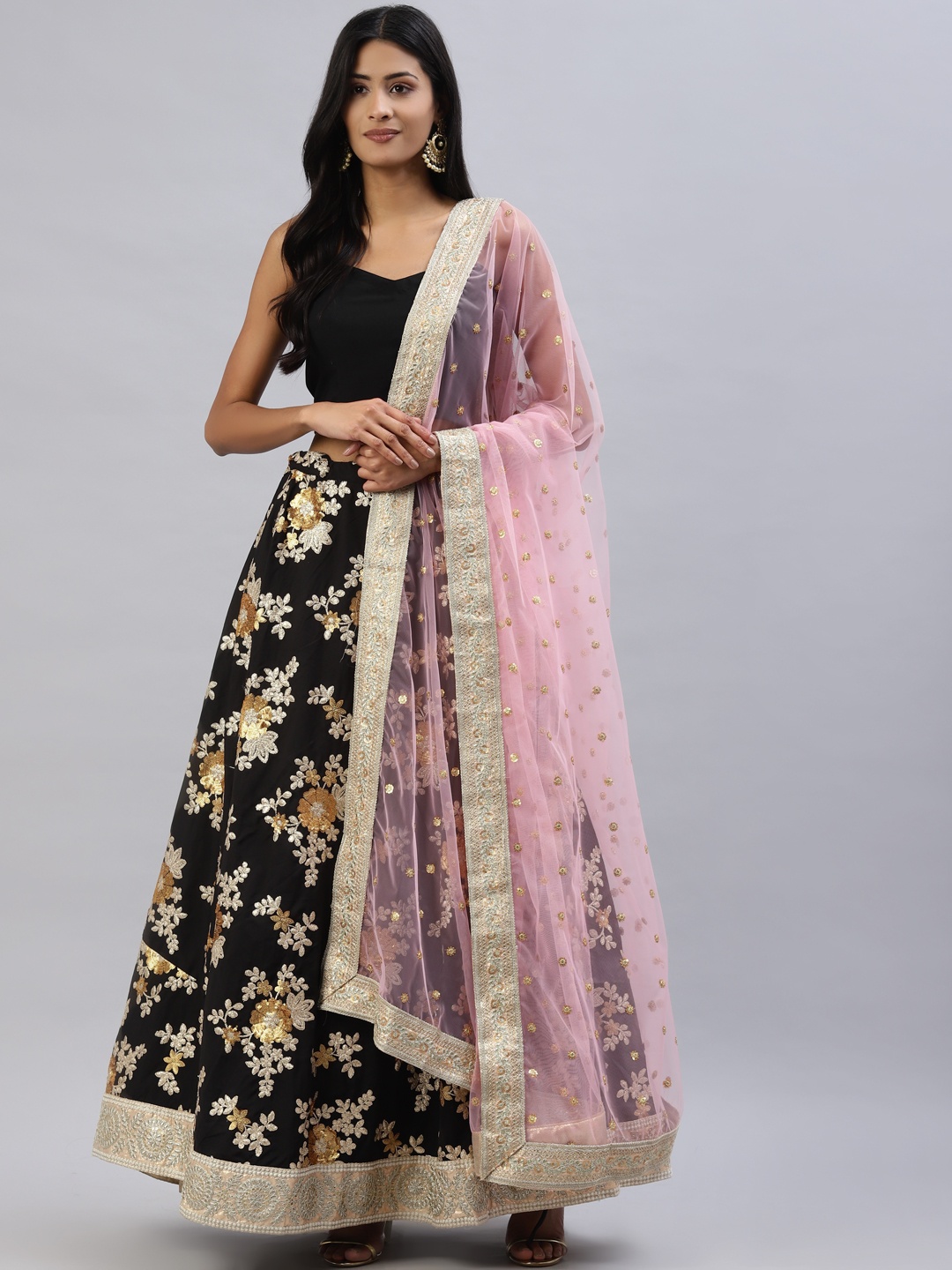 

Readiprint Fashions Black & Pink Embroidered Lehenga & Choli With Dupatta