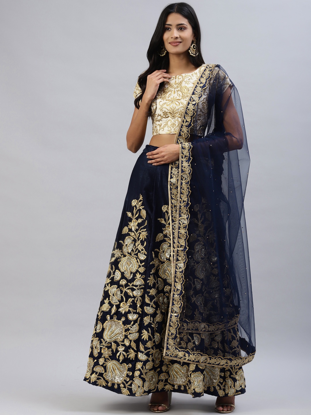 

Readiprint Fashions Blue & Beige Embroidered Lehenga & Choli With Dupatta