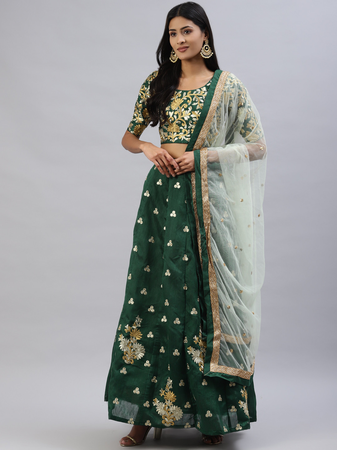 

Readiprint Fashions Green & Grey Embroidered Lehenga & Choli With Dupatta
