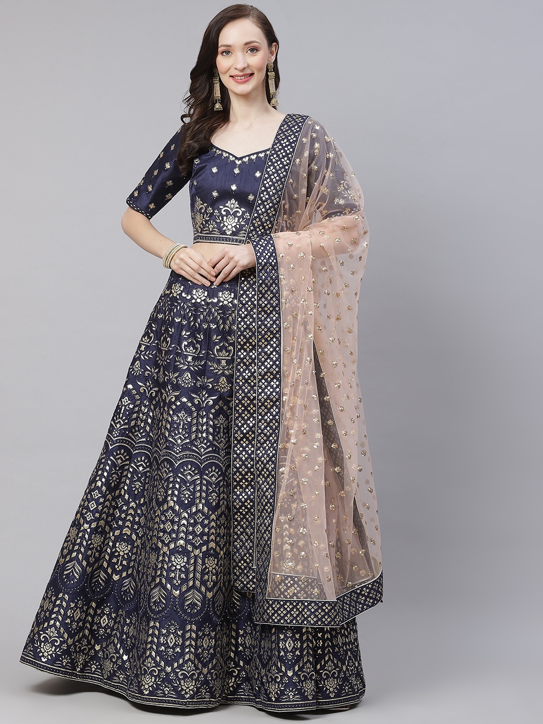 

Readiprint Fashions Navy Blue & Peach-Coloured Embroidered Semi-Stitched Lehenga & Unstitched Blouse With
