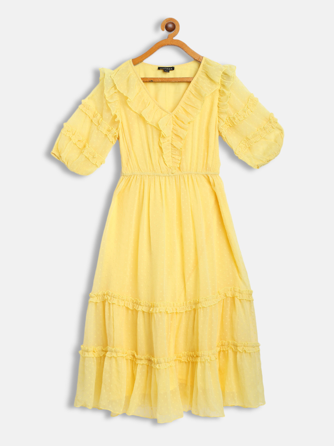 

Antheaa Yellow Chiffon Tiered Midi Dress