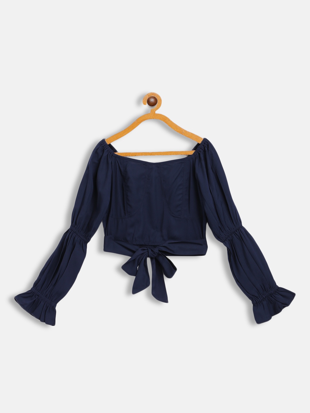 

Antheaa Navy Blue Bishop Sleeves Smocked Crepe Front Tie-Up Crop Top