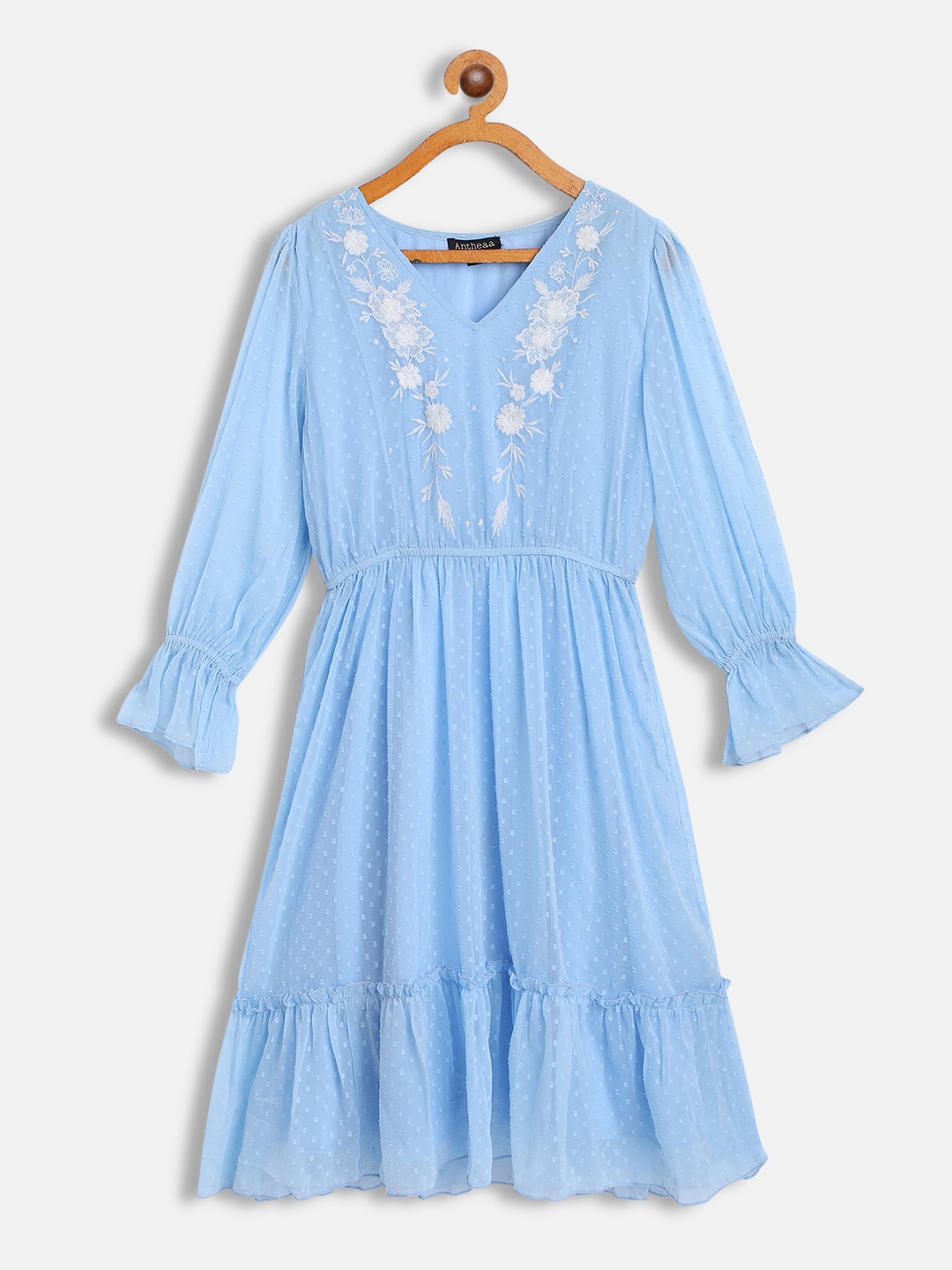 

Antheaa Blue Embroidered Tiered Chiffon Dress