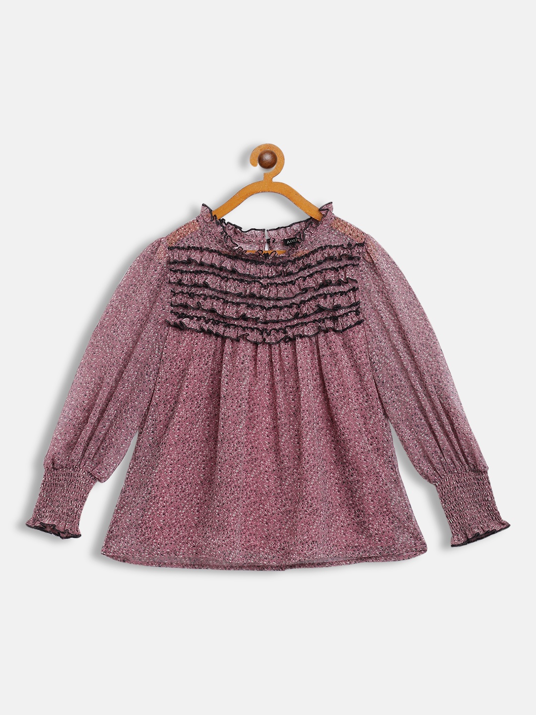 

Antheaa Pink Floral Print Ruffles Smocked Chiffon Top