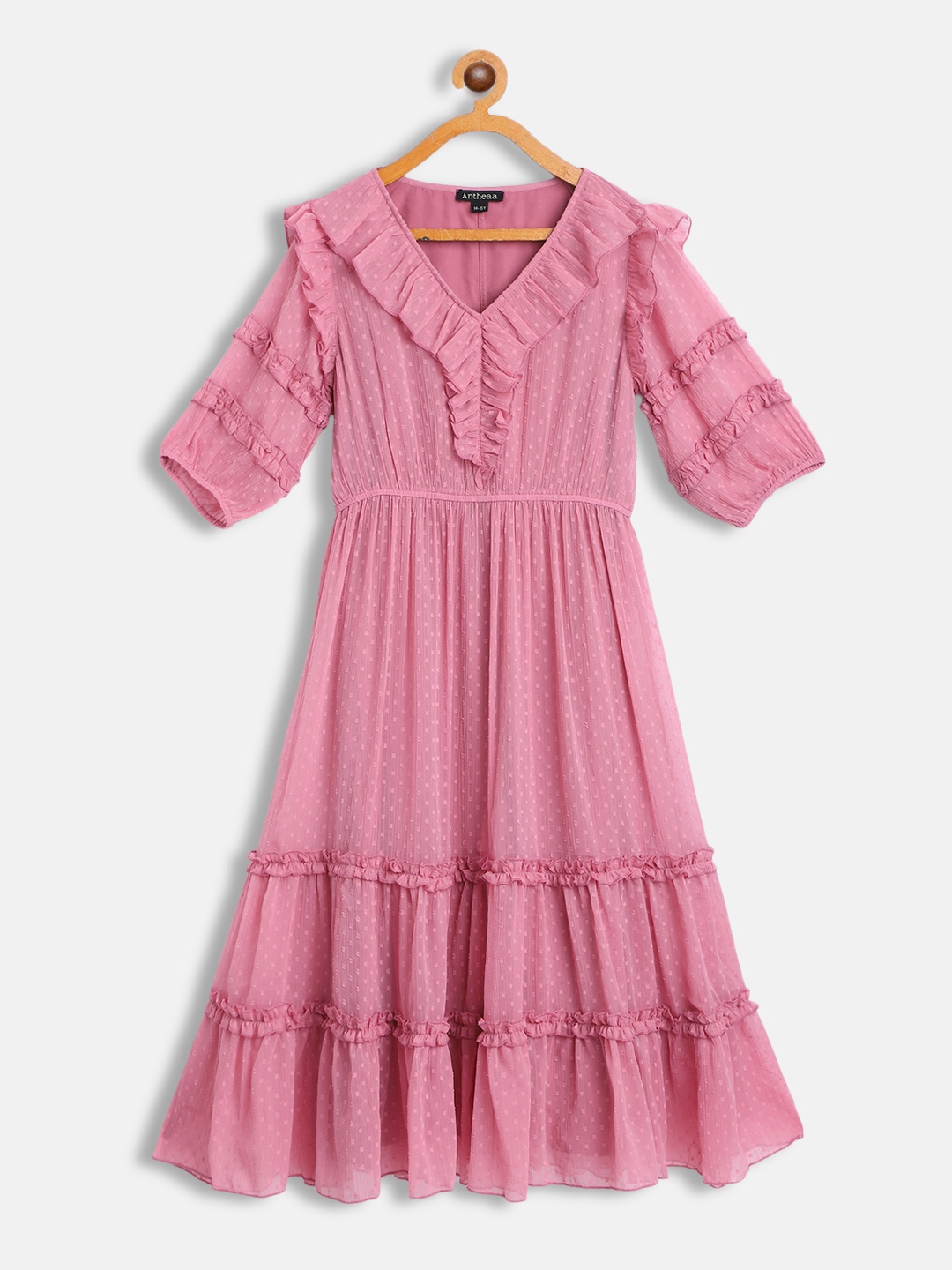 

Antheaa Pink Ruffled Tiered Chiffon Midi Dress