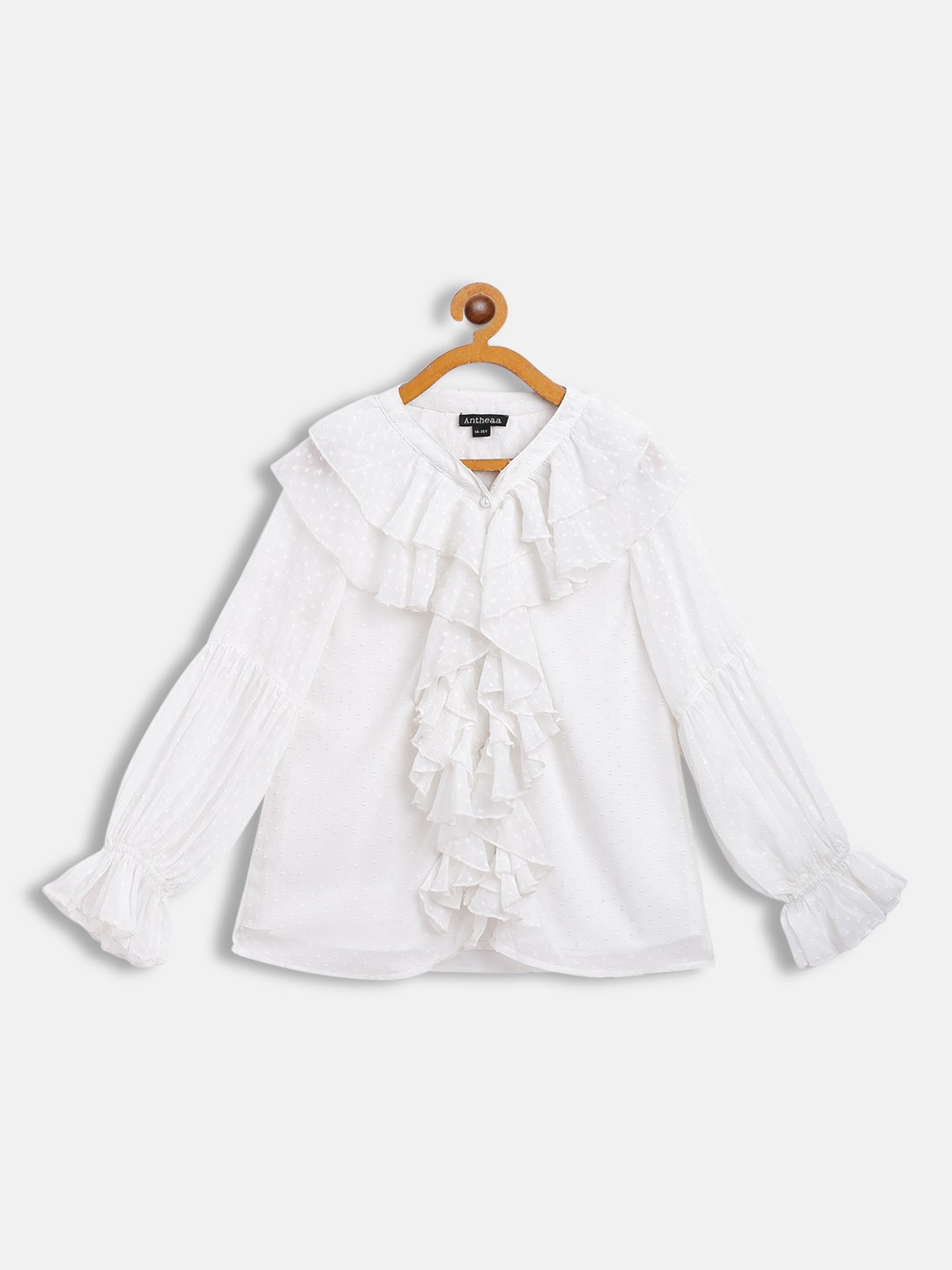 

Antheaa White Ruffled Chiffon Shirt Style Top