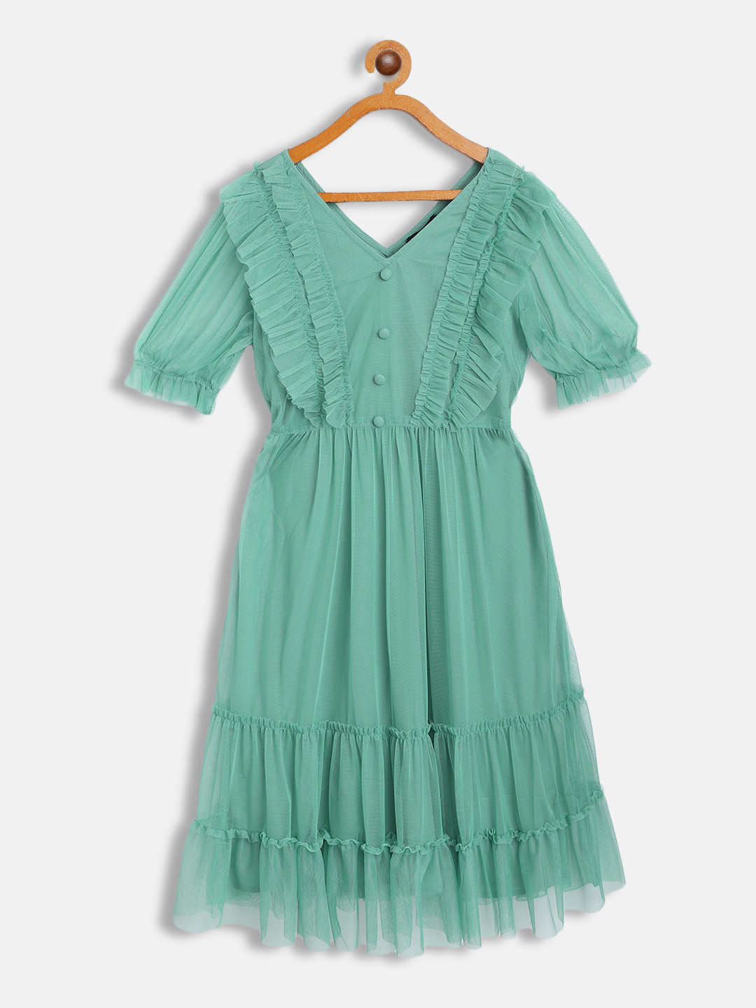 

Antheaa Sea Green Ruffled Net Dress
