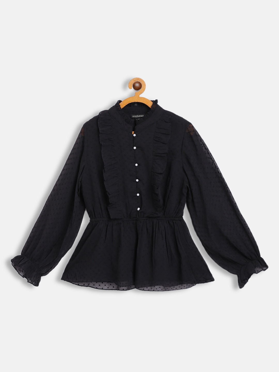 

Antheaa Black Bishop Sleeves Ruffles Smocked Chiffon Shirt Style Top