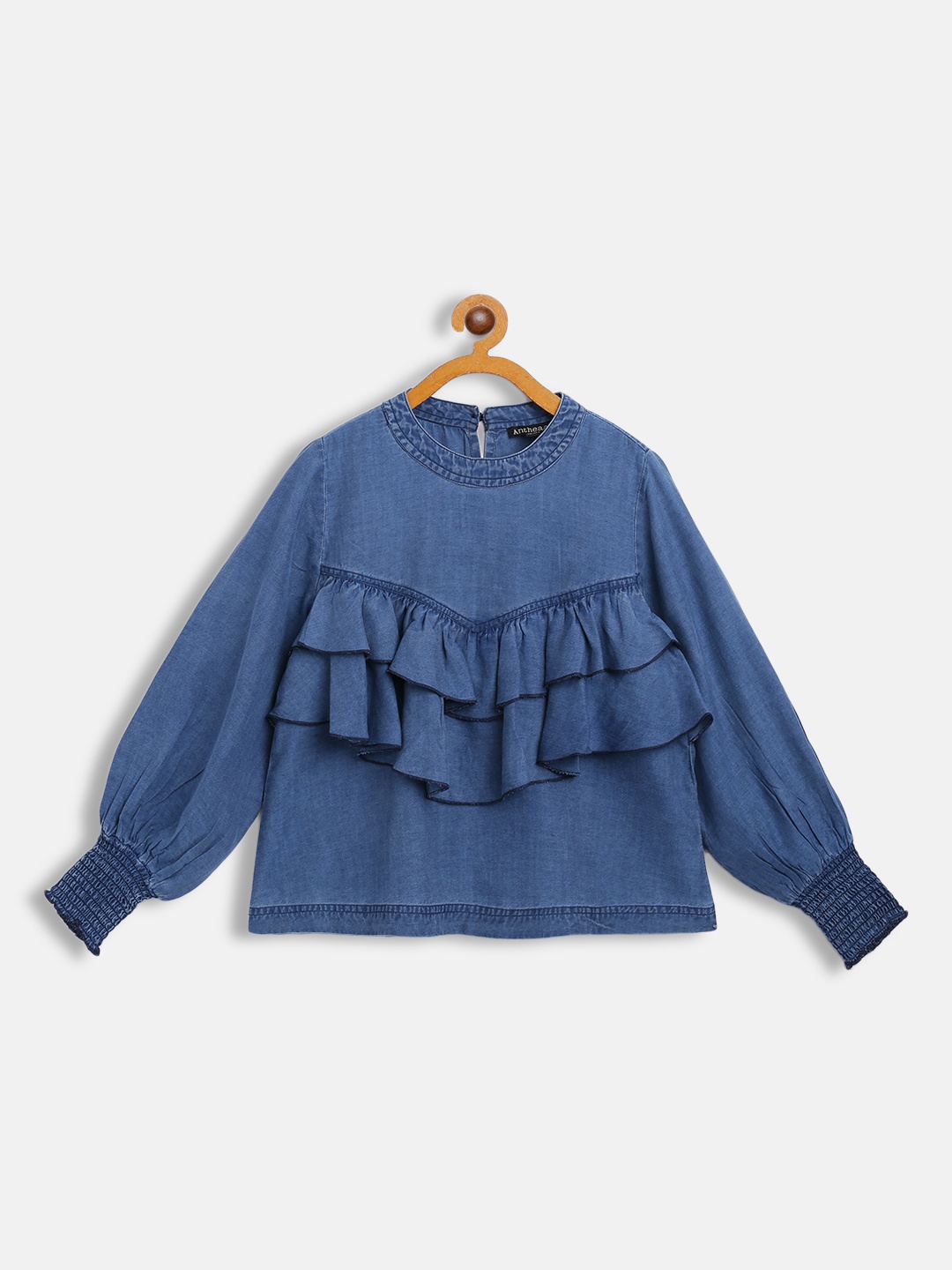 

Antheaa Blue Bishop Sleeves Ruffles Smocked Denim Top