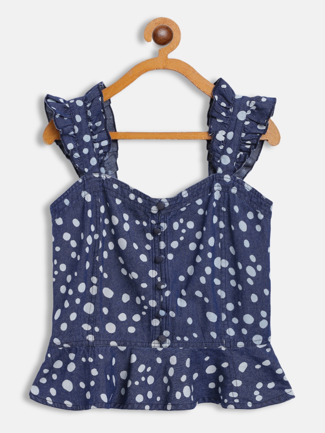 

Antheaa Navy Blue & White Printed Smocked Denim Top