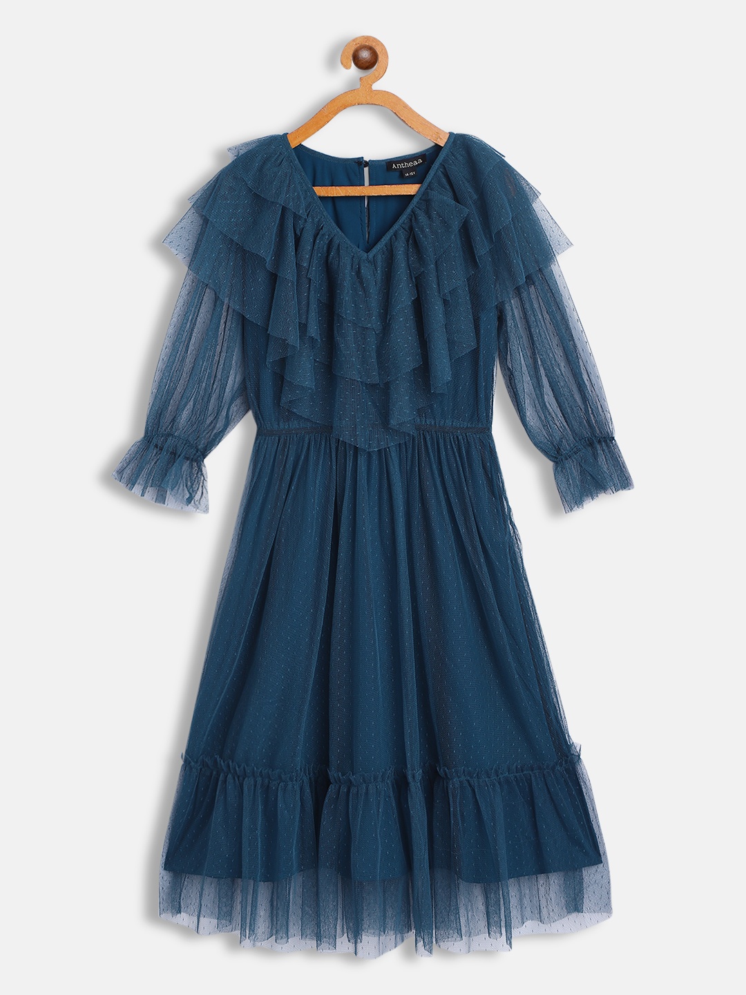 

Antheaa Teal Blue Ruffled Net Dress