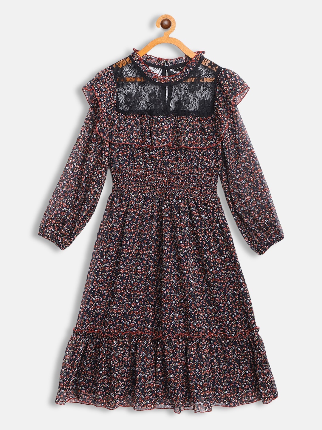 

Antheaa Multicoloured Floral Laced Tiered Chiffon Midi Dress, Multi