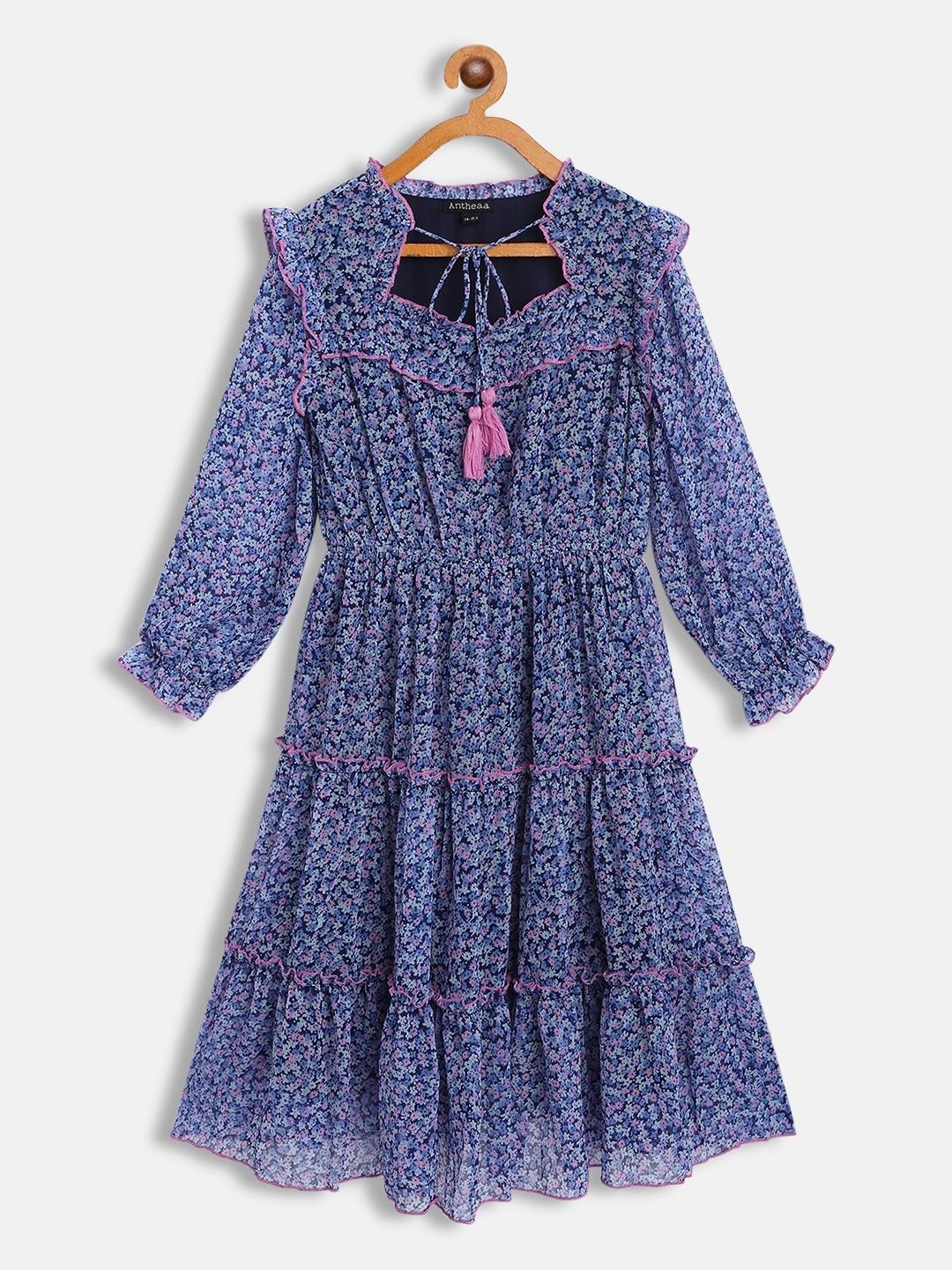 

Antheaa Blue & Pink Floral Tiered Chiffon Dress