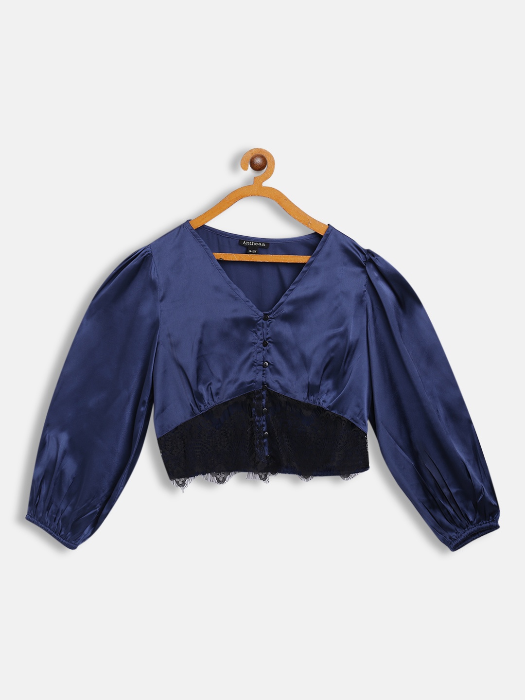 

Antheaa Navy Blue Smocked Laced Satin Crop Top