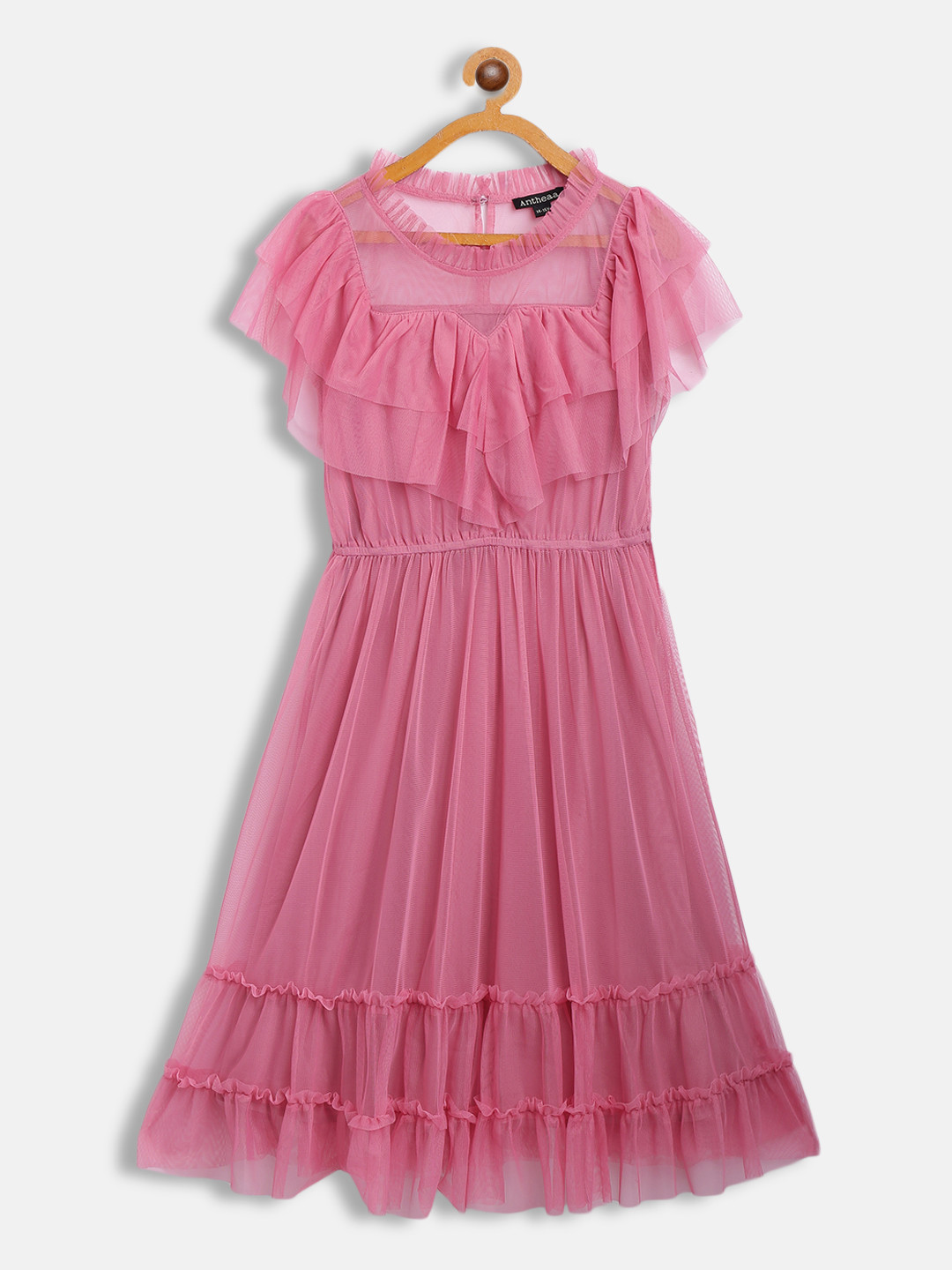 

Antheaa Pink Ruffled Tiered Net Dress