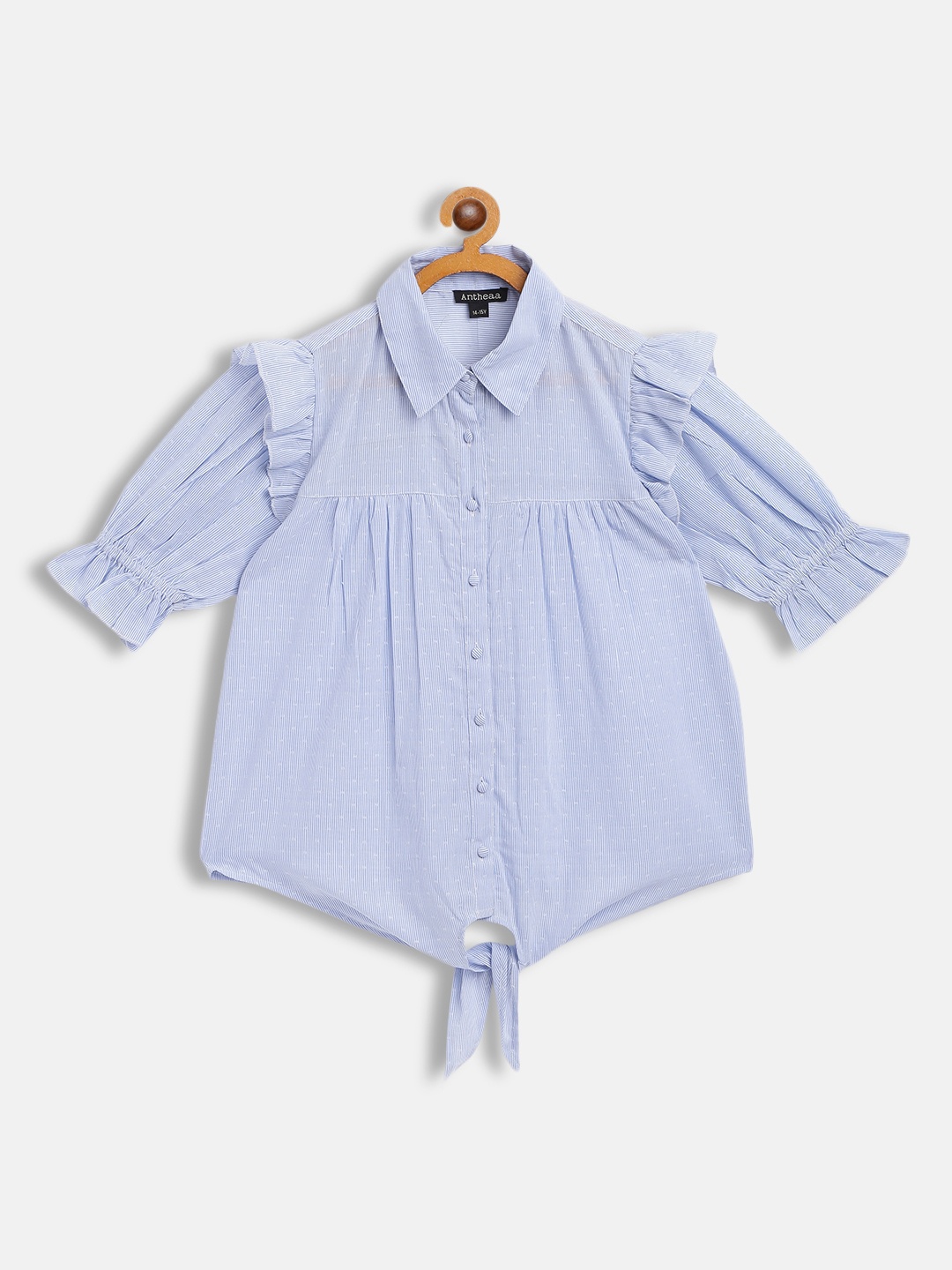 

Antheaa Blue & White Striped Front Tie-Up Shirt Style Top