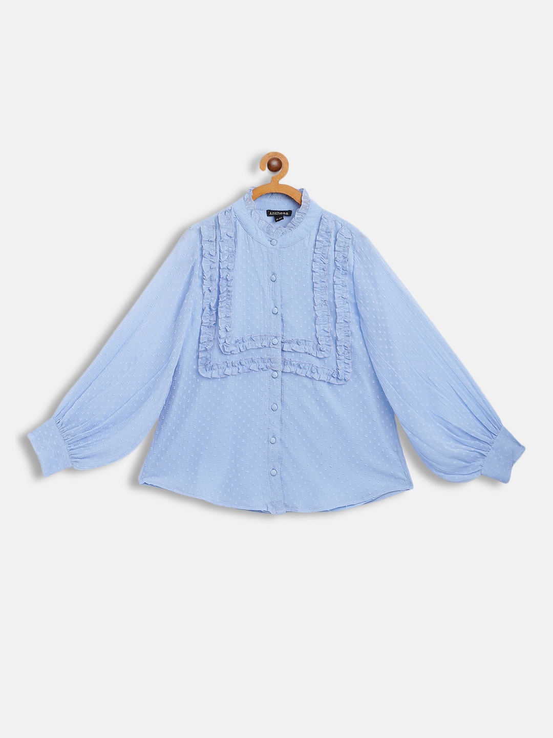 

Antheaa Blue Mandarin Collar Ruffles Smocked Chiffon Shirt Style Top