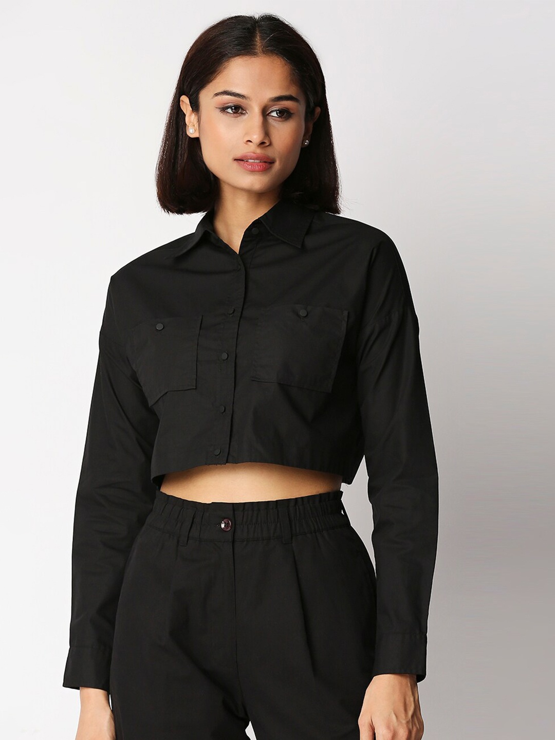 

20Dresses Black Monochrome Shirt Style Crop Top