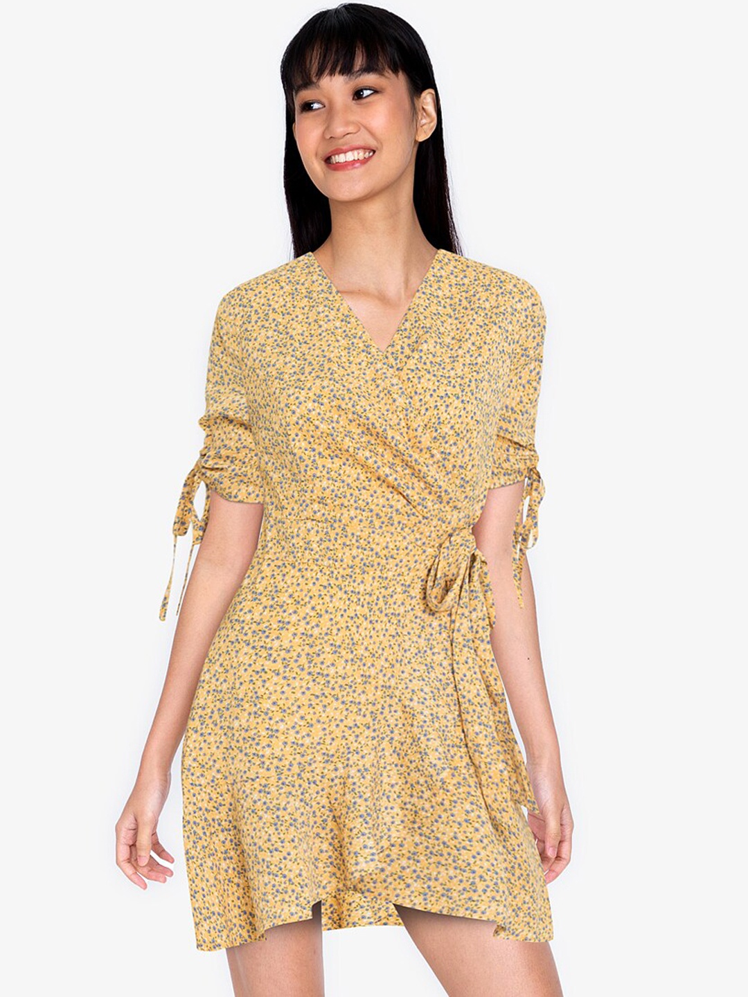 

ZALORA BASICS Women Yellow & Multicoloured Floral Wrap Dress With Ruched Sleeves