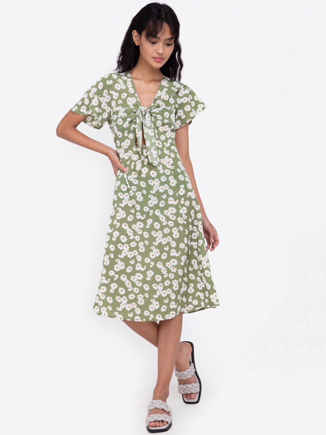 

ZALORA BASICS Green & Cream Floral Printed A-Line Dress