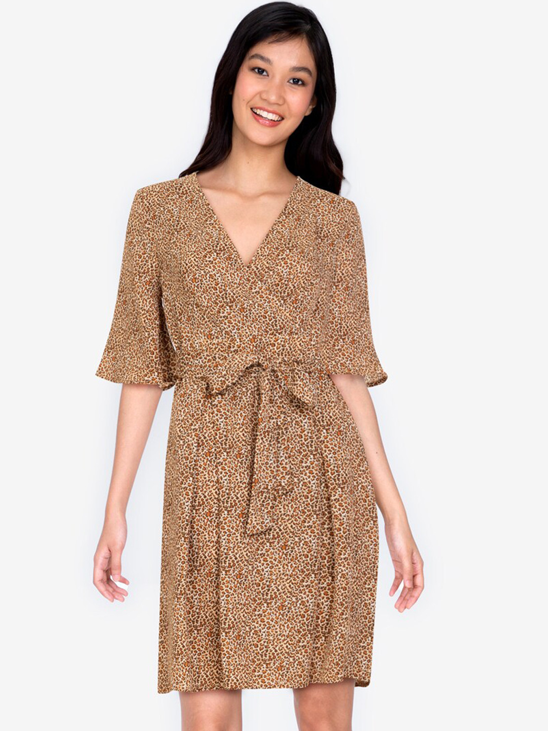 

ZALORA BASICS Brown & Beige Animal Skin Printed A-Line Dress