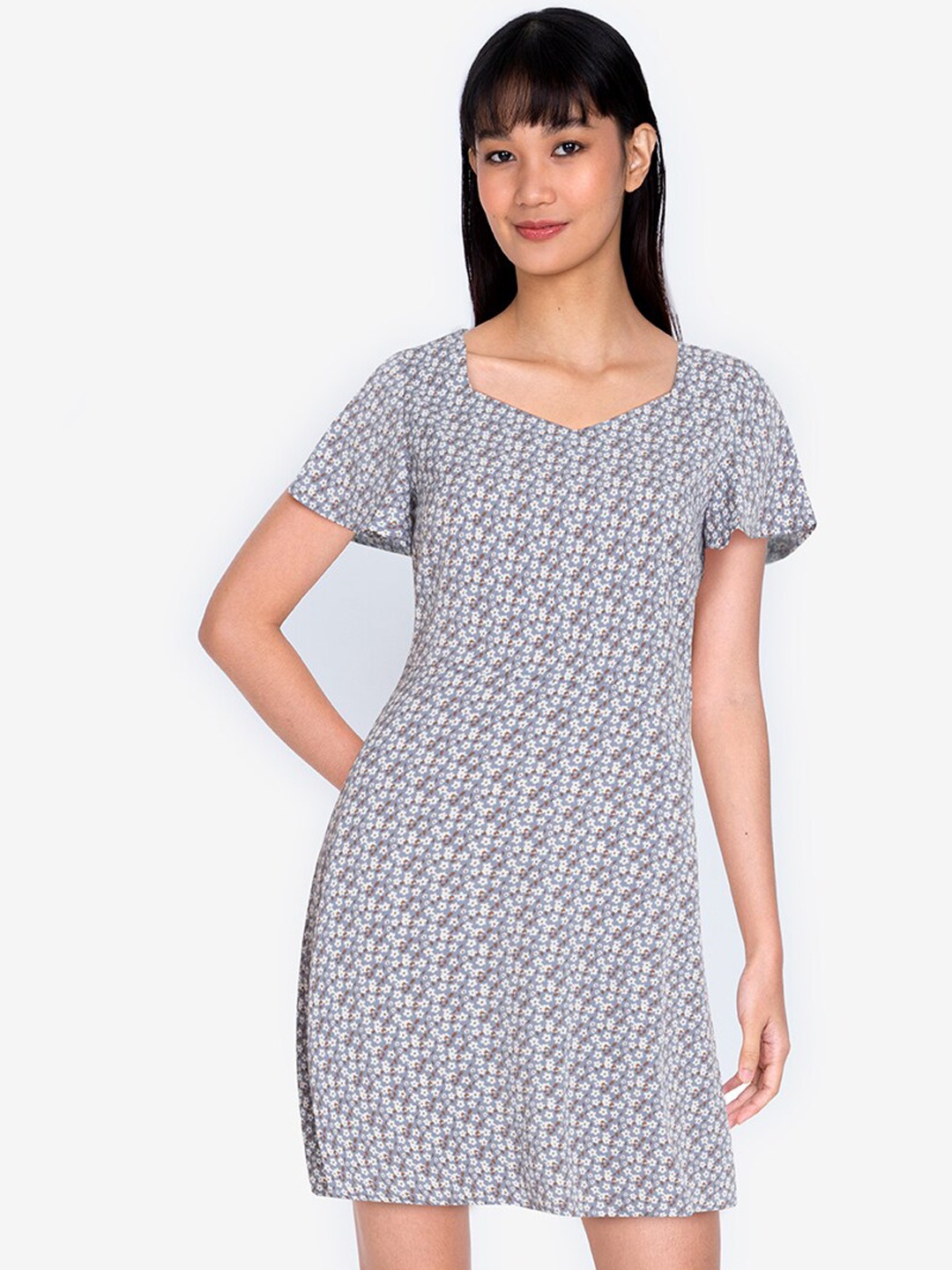 

ZALORA BASICS Grey & White Floral A-Line Dress