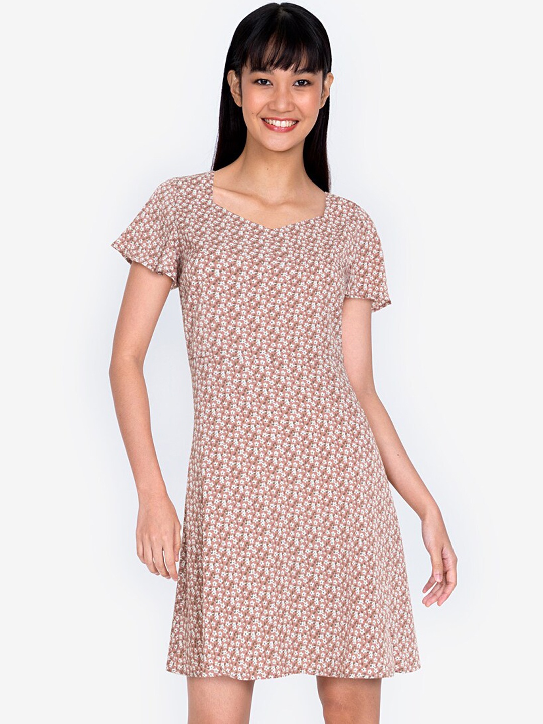 

ZALORA BASICS Peach-Coloured & White Floral A-Line Dress