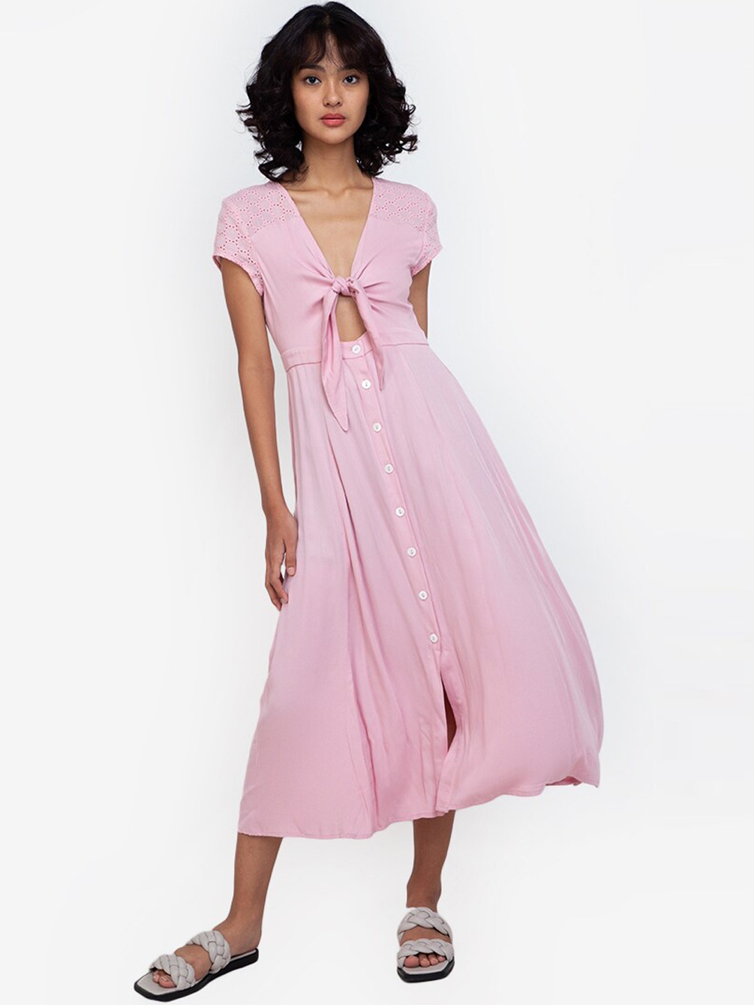 

ZALORA BASICS Pink Detail Knot Front A-Line Dress