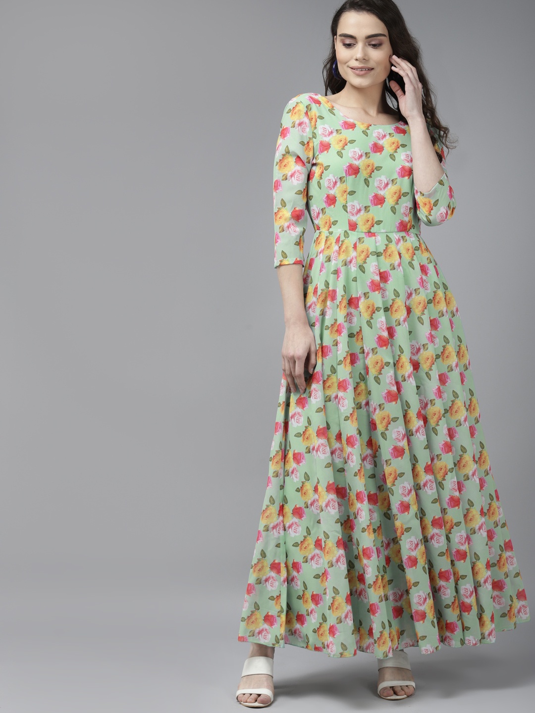 

PANIT Green & Yellow Floral Georgette Maxi Dress