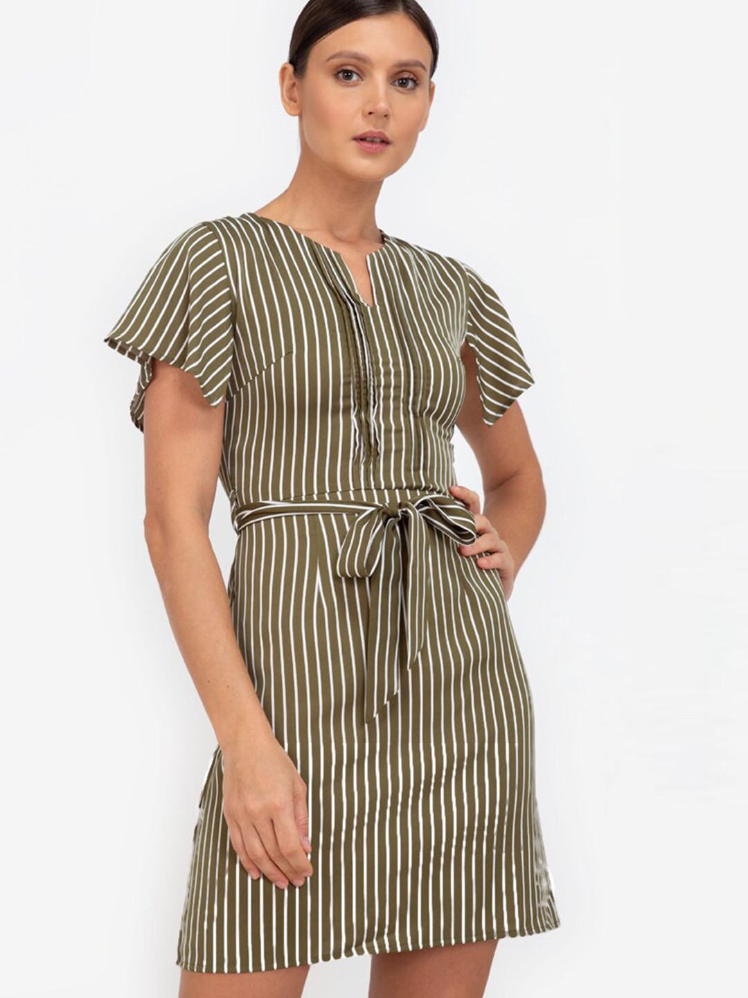 

ZALORA WORK Green & White Striped A-Line Dress