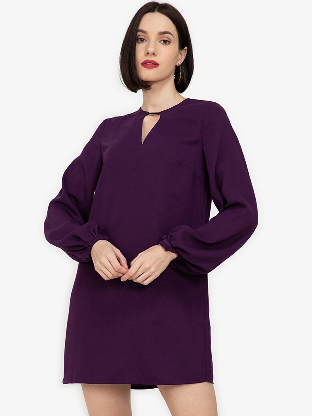 

ZALORA WORK Purple Solid Keyhole Neck A-Line Dress