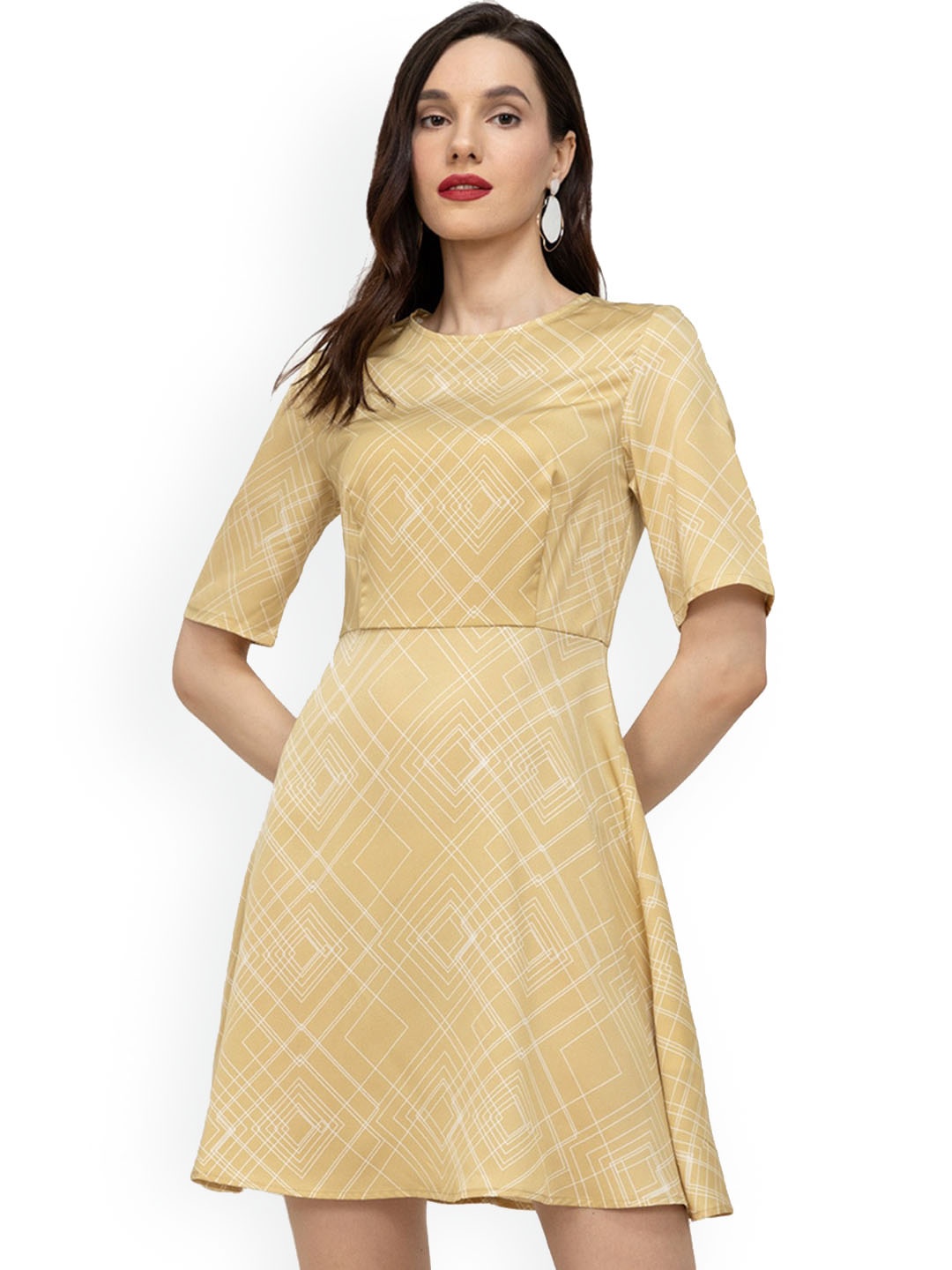 

ZALORA WORK Women Beige & White Printed A-Line Dress