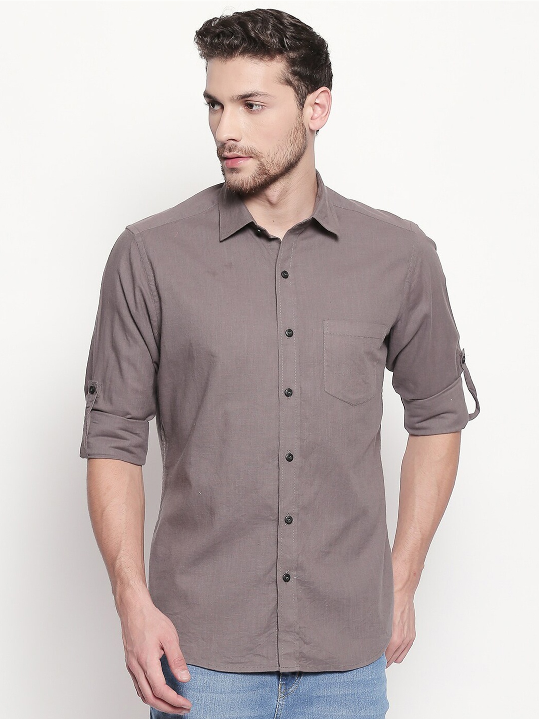 

EVOQ Men Grey Comfort Solid Cotton Linen Casual Shirt