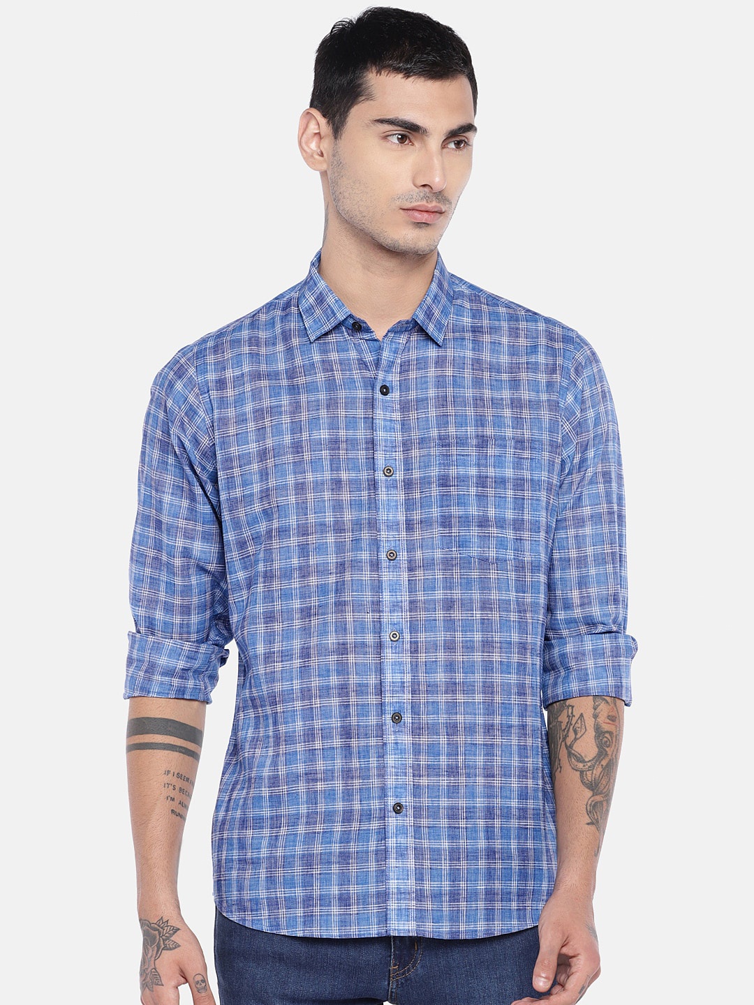 

EVOQ Men Blue & White Comfort Checked Regular Fit Cotton Linen Casual Shirt