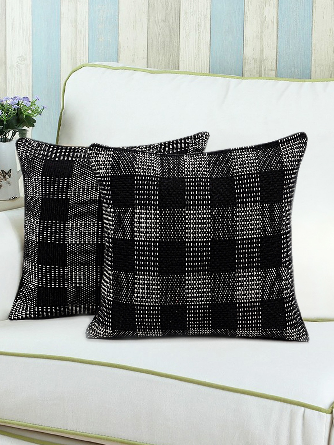 

Saral Home Black Set of 2 Checked 16" x 16" Square Cushion Covers