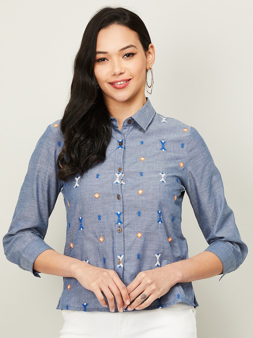 

Colour Me by Melange Blue Embroidered Cotton Shirt Style Top