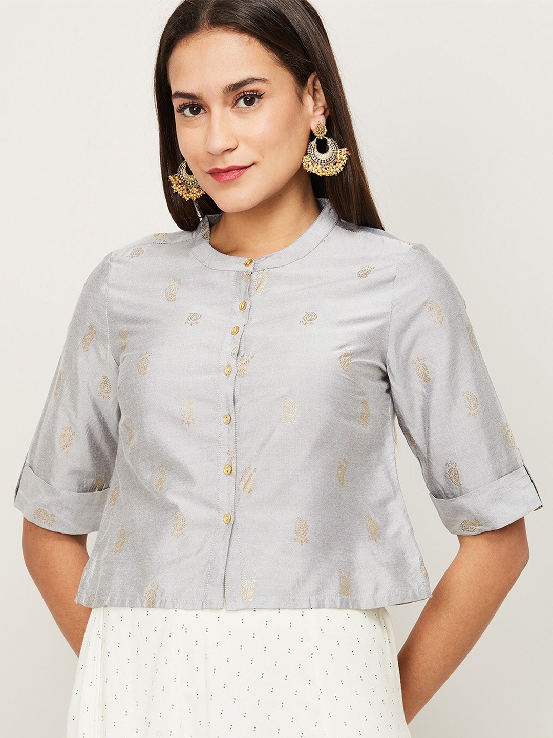 

Melange by Lifestyle Grey & Gold-Coloured Print Mandarin Collar Shirt Style Crop Top