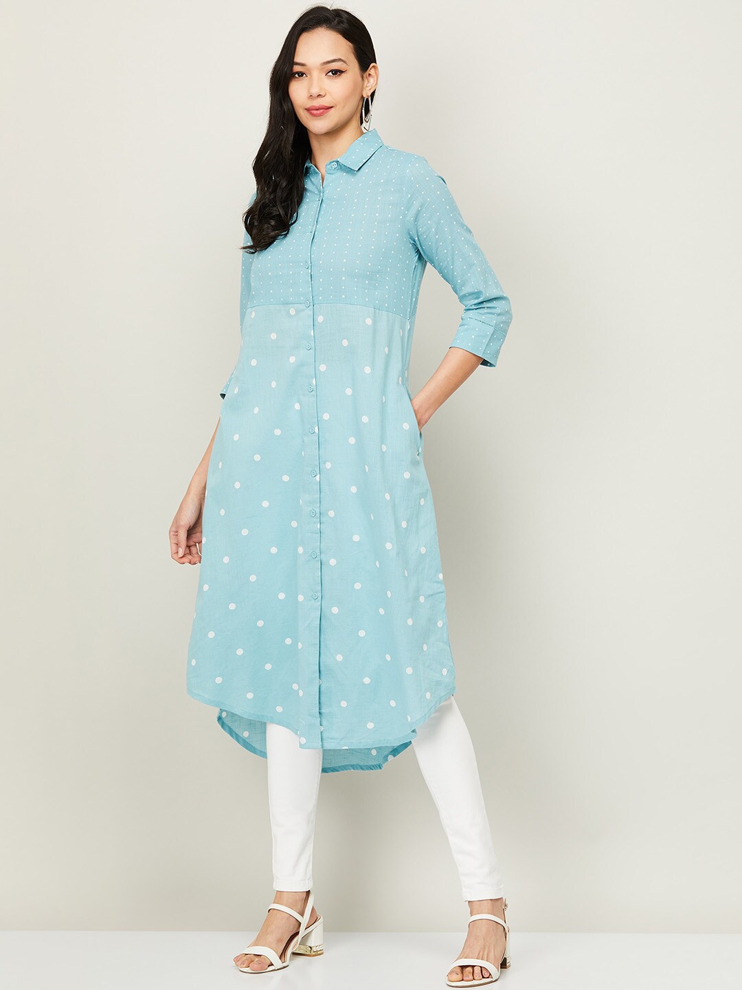 

Colour Me by Melange Women Blue & White Shirt Collar Printed Tunic