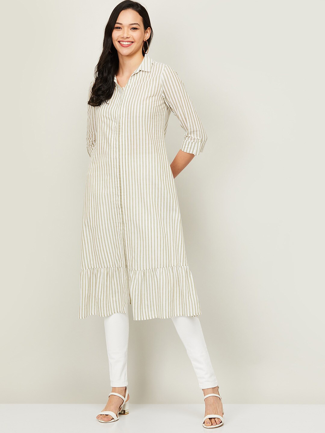 

Colour Me by Melange Beige & White Shirt Collar Striped Tunic