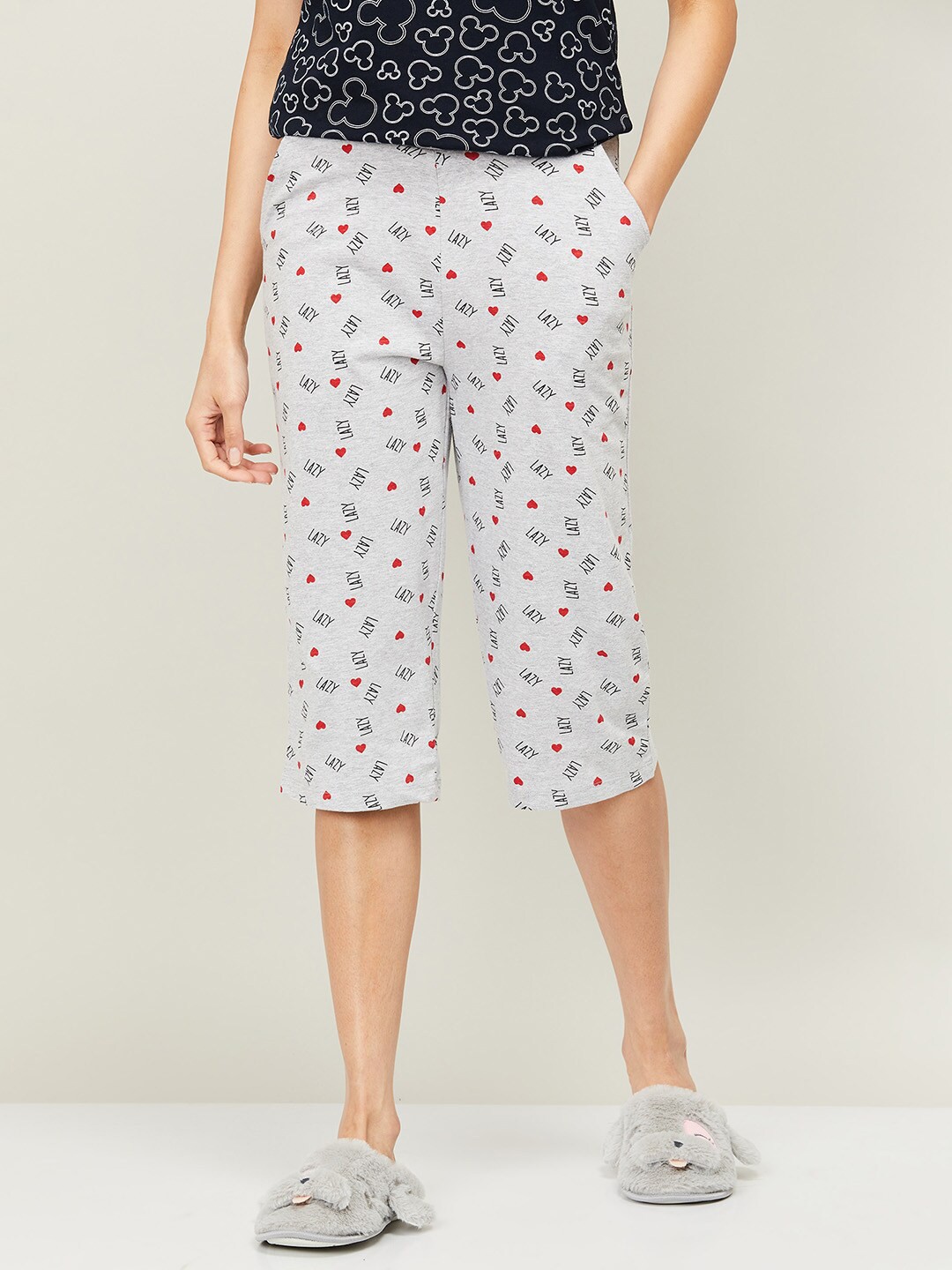

Ginger by Lifestyle Women Printed Cotton Lounge Capris, Grey melange