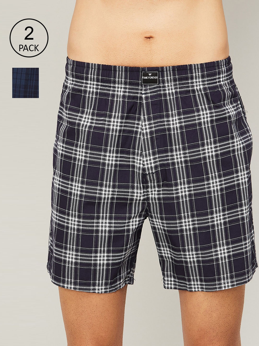 

Fame Forever by Lifestyle Men Pack of 2 Checked Pure Cotton Boxers, Navy blue