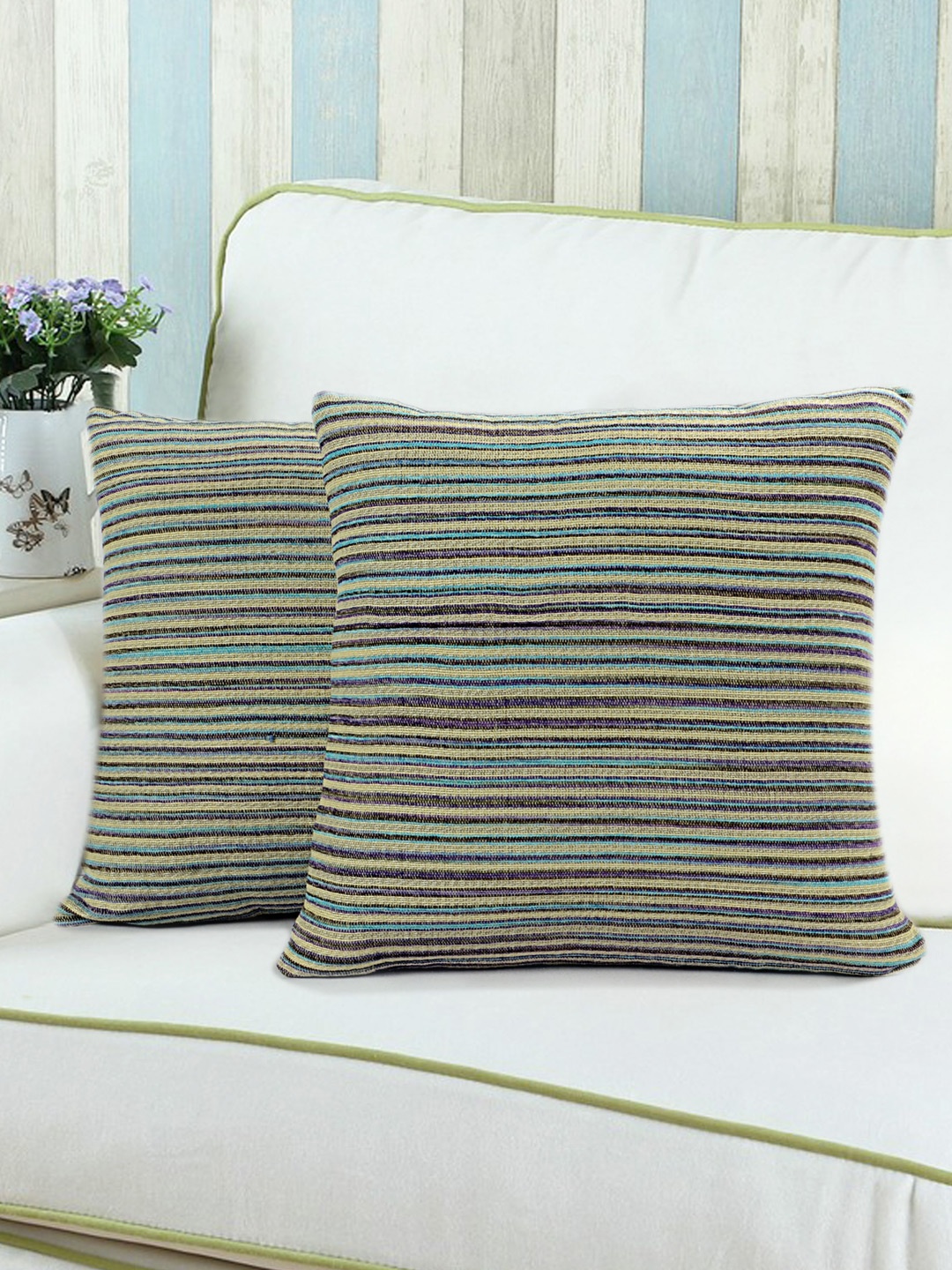 

Saral Home Multicoloured Set of 2 Striped 16" x 16" Square Cushion Covers, Multi