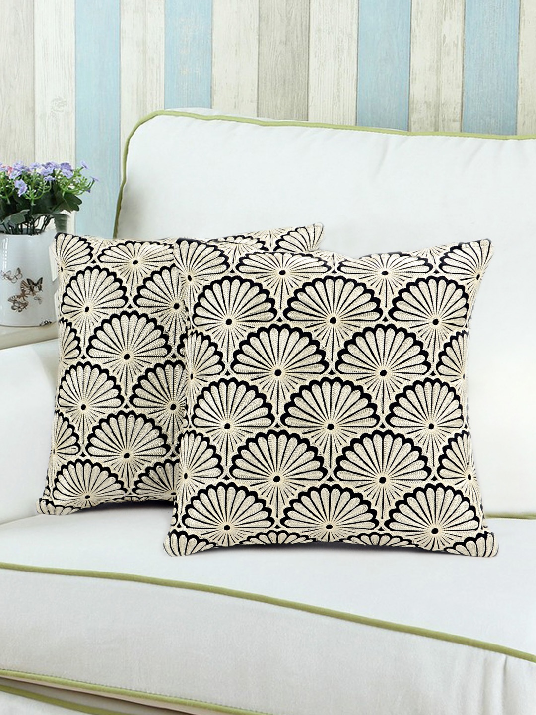 

Saral Home Black & White Set of 2 Embroidered 16" x 16" Square Cushion Covers