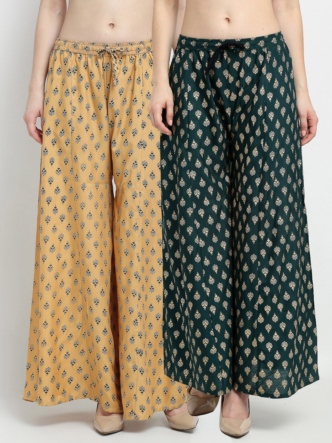 

Jinfo Women Beige & Green Pack of 2 Ethnic Motifs Printed Flared Ethnic Palazzos