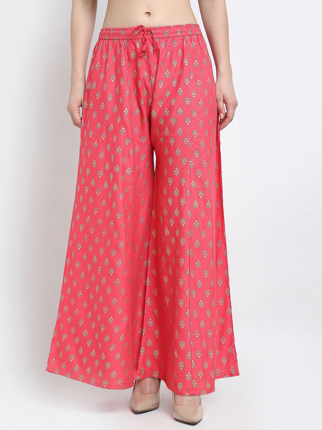 

Jinfo Women Orange & Gold-Toned Floral Printed Flared Palazzos