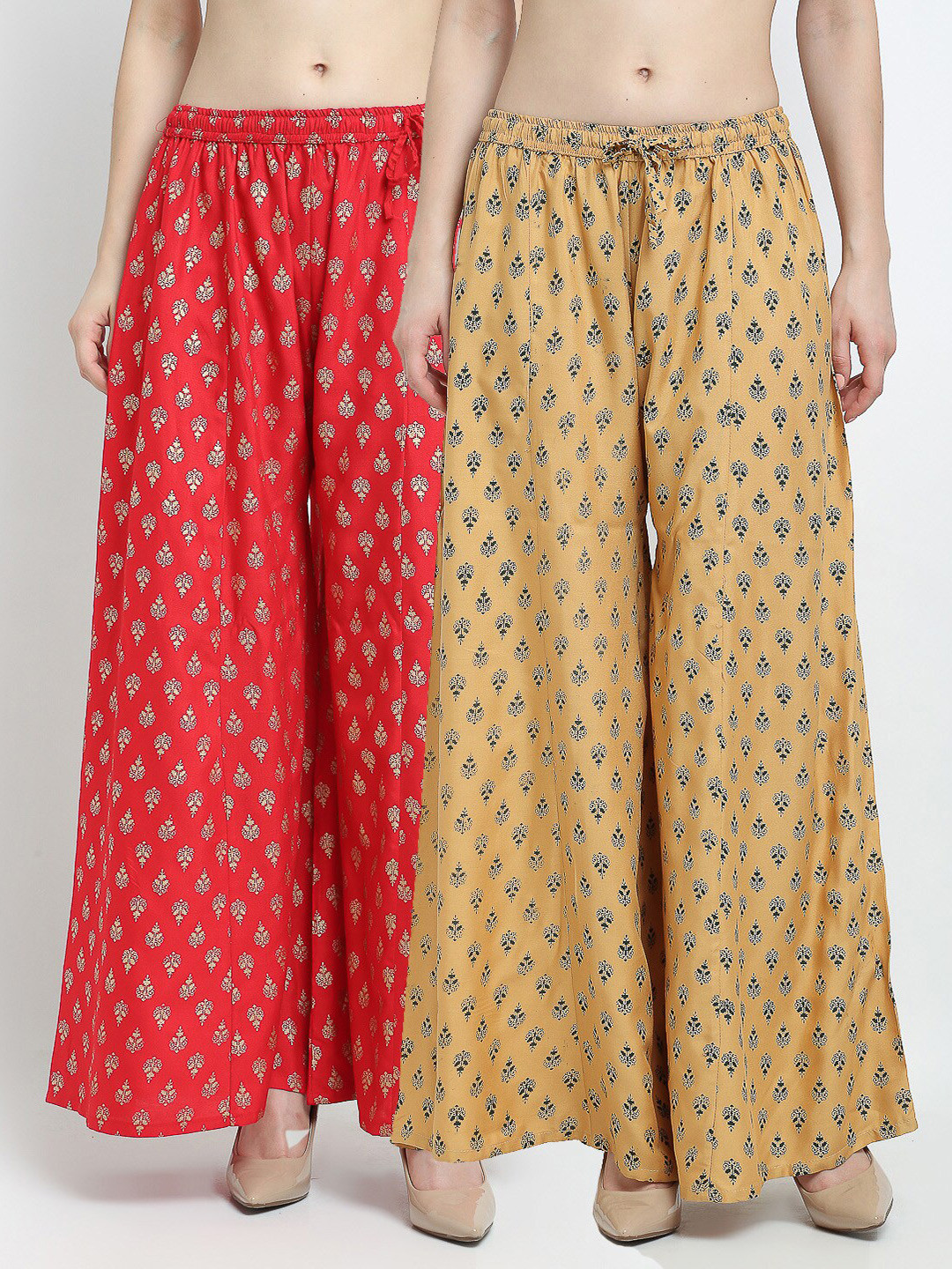 

Jinfo Women Red & Beige Pack Of 2 Floral Printed Flared Palazzos