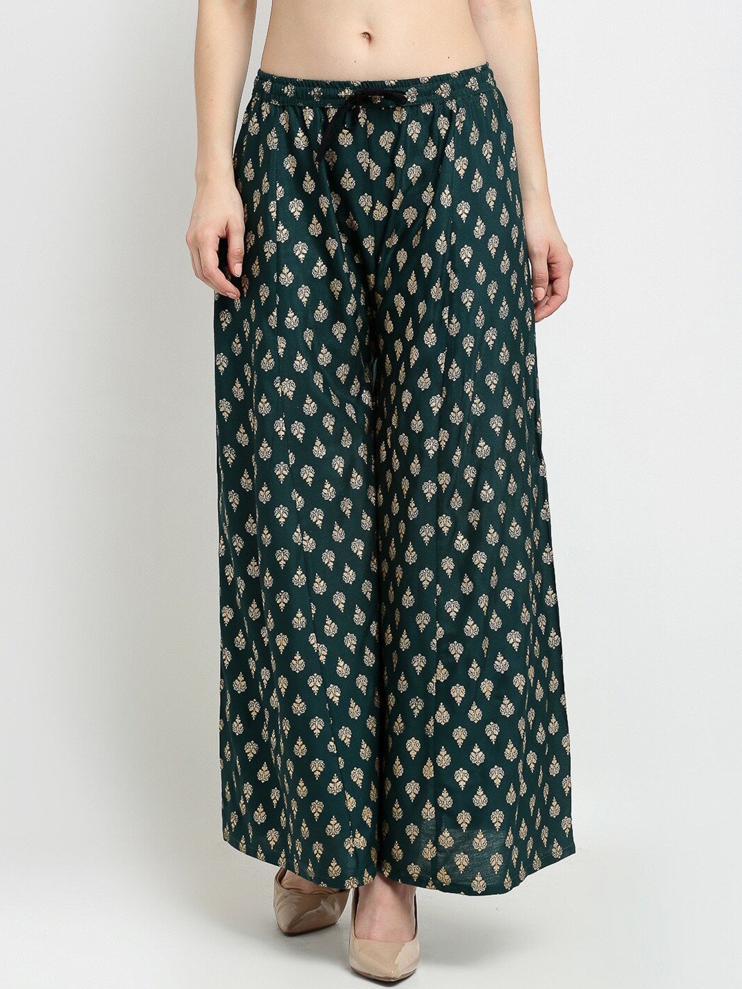 

Jinfo Women Green & Beige Ethnic Motifs Printed Flared Knitted Ethnic Palazzos