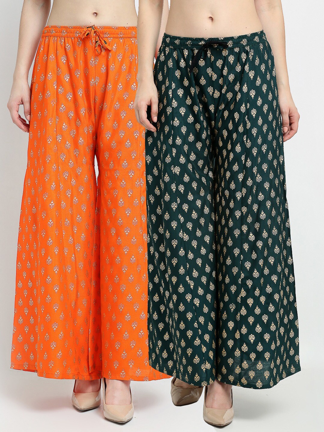 

Jinfo Women Orange & Black Pack of 2 Ethnic Motifs Printed Flared Ethnic Palazzos