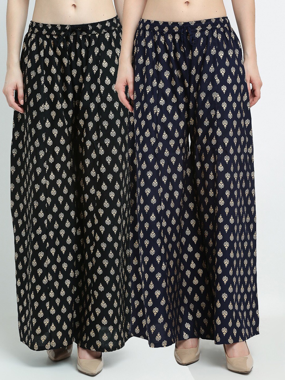 

Jinfo Women Black & Gold-Toned Pack Of 2 Floral Printed Flared Ethnic Palazzos